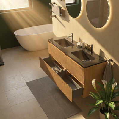 Saniclass Holz Atelier Ensemble de meubles de salle de bains - 140x45x62cm - Lavabo Vygo en céramique noir - 2 vasques - 2 trous de robinet - 4 tiroirs - chêne natural mat (bois)