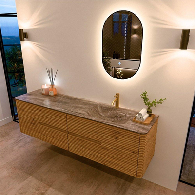 Mondiaz CIRO-DLUX Ensemble de meubles de salle de bains - 180x45x50cm - Plan vasque solid surface Oza - 1 vasque à droite - 1 trou de robinetterie - 4 tiroirs - Chêne