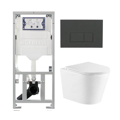 QeramiQ Dely Toiletset - 36.3x51.7cm - diepspoel - rimless - Geberit UP320 inbouwreservoir - met Burda frame - softclose toiletzitting - bedieningsplaat antraciet mat - rechthoekige knoppen - wit mat