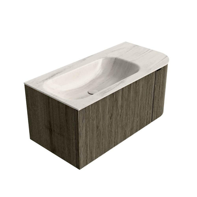 MONDIAZ KURVE-DLUX meuble de salle de bains 95cm arrondi droit couleur Shadow avec 1 tiroir et 1 porte. Vasque BIG SMALL gauche sans trou de robinet Meli.