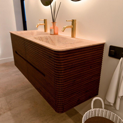 Mondiaz CIRO-DLUX Badkamermeubelset - 130x45x50cm - Solid surface wastafel Saba - 2 wasbak Dubbel - 2 kraangaten - 4 lades - Ruby