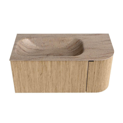 MONDIAZ KURVE-DLUX Meuble de salle de bains 95cm arrondi à droite couleur Oak avec 1 tiroir et 1 porte. Lavabo BIG SMALL à gauche sans trou de robinet Saba.