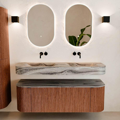 MONDIAZ THOR-DLUX 140cm meuble de salle de bains arrondi gauche + droite couleur Ruby avec 1 tiroir et 2 portes. Vasque suspendue CLOUD Double sans trou de robinet couleur Sombra.