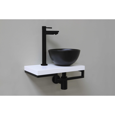 Proline Pack lave-mains 40x23cm avec vasque céramique noir mat droite, plan blanc et robinet, sipon et bonde noir mat