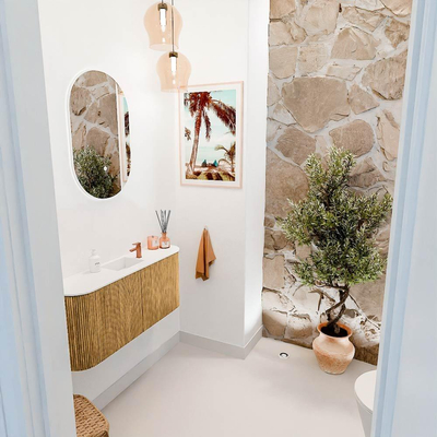 Mondiaz JOYA 93.2cm toiletmeubel - ronding links en rechts kleur Oak - Wastafel FAYE positie Midden 1 kraangat kleur Talc.