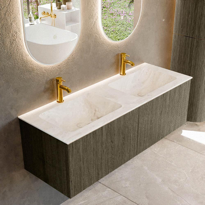 Ensemble de meuble de salle de bain Mondiaz KURVE-DLUX - 130x46x40cm - 2 tiroirs - lavabo en solid surface - double - 2 trous de robinet - Shadow