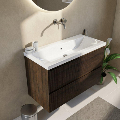 Saniclass Holz Atelier Ensemble de meubles de salle de bains - 100x45x63.5cm - lavabo en céramique Bari blanc - 1 vasque - sans trou de robinet - 2 tiroirs - chêne charcoal mat (bois)