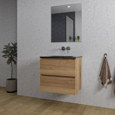 Saniclass Chaci Badkamermeubelset - 60x46x55cm - keramische wastafel zwart - 1 wasbak - zonder kraangat - 2 lades - rechthoekige spiegel - eiken