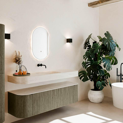 MONDIAZ THOR-DLUX 160cm meuble de salle de bains arrondi gauche + droite couleur Shadow avec 1 tiroir et 2 portes. Vasque suspendue CLOUD Milieu sans trou de robinet couleur Meli.