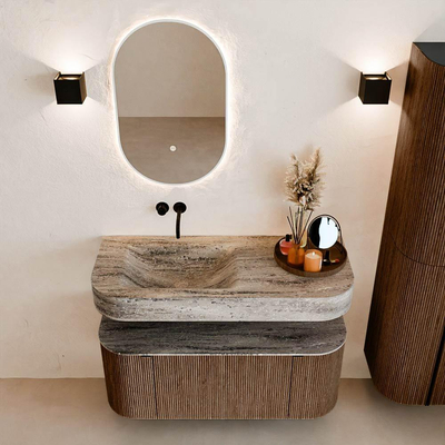 MONDIAZ THOR-DLUX 110cm badmeubel ronding links + rechts kleur Walnut met 1 lade en 2 deuren. Vrijhangende wastafel CLOUD Links zonder kraangat kleur Oza.