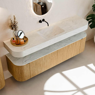 MONDIAZ THOR-DLUX 180cm meuble de salle de bains arrondi gauche + droite couleur Oak avec 2 tiroirs et 2 portes. Vasque suspendue CLOUD Milieu sans trou de robinet couleur Opalo.