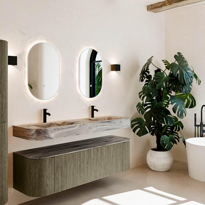 MONDIAZ THOR-DLUX 160cm meuble de salle de bains arrondi gauche + droite couleur Shadow avec 1 tiroir et 2 portes. Vasque suspendue CLOUD Double 2 trous de robinet couleur Sombra.