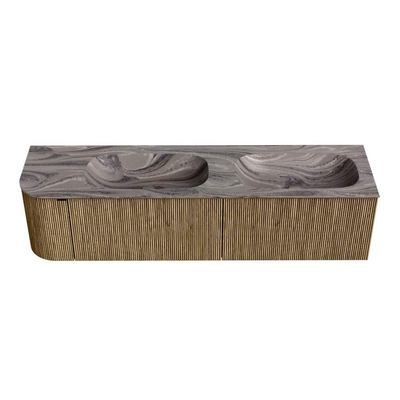 MONDIAZ KURVE-DLUX Meuble de salle de bains 175cm arrondi à gauche couleur Dusk avec 2 tiroirs et 1 porte. Lavabo STOR SMALL Double / Droite sans trou de robinet Sombra.