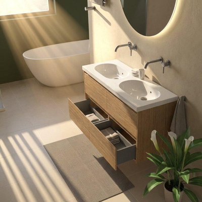 Saniclass Holz Pure Ensemble de meubles de salle de bains - 120x45x63.5cm - lavabo en céramique Palermo blanc - 2 vasques - sans trous de robinetterie - 4 tiroirs - chêne natural mat (bois)