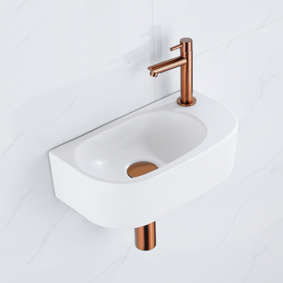 QeramiQ Fuente pack lave-mains – 40 x 21,5 x 12 cm – céramique blanc mat – perçage à droite – robinet cuivre brossé