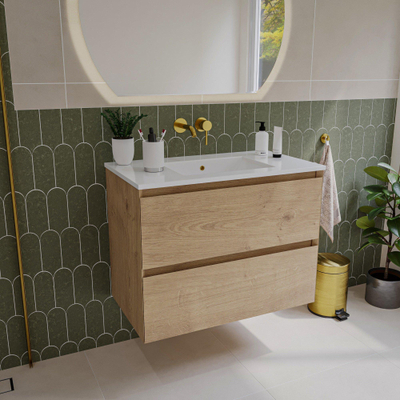 Saniclass Holz Pure Meuble de salle de bain - 80x45x60cm - lavabo en céramique blanc - 1 vasque - sans trous de robinet - 2 tiroirs - Chêne Natural