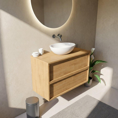 Saniclass Holz Frame Ensemble de meubles de salle de bains - 100x45x62cm - plan de travail en bois - sans trou de robinet - 2 tiroirs - chêne naturel mat (bois)