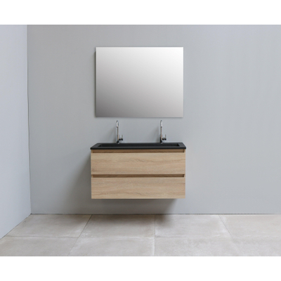 Basic Bella Meuble salle de bains avec lavabo acrylique Noir avec miroir 100x55x46cm 2 trous de robinet Chêne