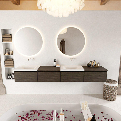 MONDIAZ BUKLA 240cm ensemble de meuble avec module 60 à droite couleur Marron Foncé avec 4 tiroirs. Lavabo CLOUD double 0 trous de robinet couleur Talc.