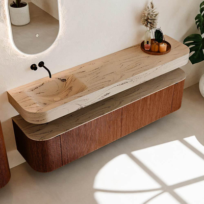 MONDIAZ THOR-DLUX 190cm meuble de salle de bains arrondi gauche + droite couleur Ruby avec 2 tiroirs et 2 portes. Vasque suspendue CLOUD Gauche sans trou de robinet couleur Arena.