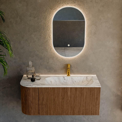 MONDIAZ KURVE-DLUX 105cm Meuble salle de bain avec module 25 G - couleur Walnut - 1 tiroir - 1 porte - vasque BIG SMALL droite - 1 trou de robinet - couleur Glace