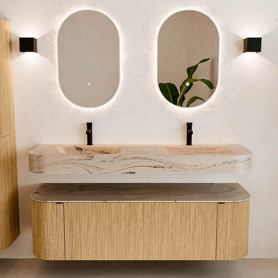 MONDIAZ THOR-DLUX 150cm badmeubel ronding links + rechts kleur Oak met 1 lade en 2 deuren. Vrijhangende wastafel CLOUD Dubbel 2 kraangaten kleur Arena.