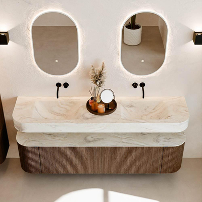 MONDIAZ THOR-DLUX 180cm badmeubel ronding links + rechts kleur Walnut met 2 lades en 2 deuren. Vrijhangende wastafel CLOUD Dubbel zonder kraangat kleur Ostra.