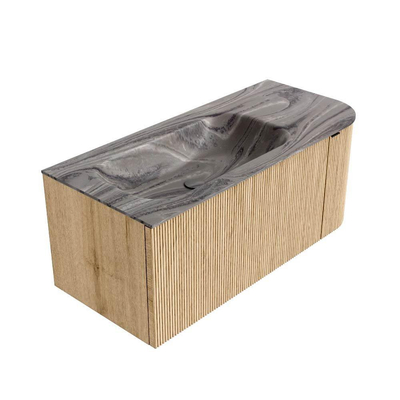 MONDIAZ KURVE-DLUX 105cm badmeubel ronding Rechts kleur Oak met 1 lade en 1 deur. Wastafel BIG SMALL Links zonder kraangat Sombra.