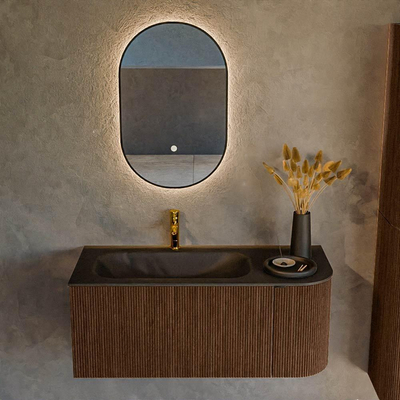 MONDIAZ KURVE 105cm badmeubel met module 25 R kleur Walnut met 1 lade en 1 deur. Wastafel BIG SMALL links 1 kraangat Urban.