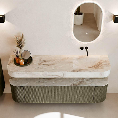 MONDIAZ THOR-DLUX Meuble de salle de bains 170cm arrondi gauche + droite couleur Shadow avec 1 tiroir et 2 portes. Vasque suspendue CLOUD Droite sans trou de robinet couleur Frappe.