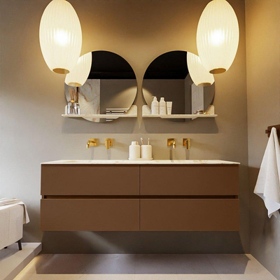 MONDIAZ VICA-DLUX Ensemble meuble de salle de bains - 150cm - meuble sous-vasque Rust - 4 tiroirs - vasque encastrée Cloud double - sans trous de robinetterie - version hauteur 60cm - Frappe