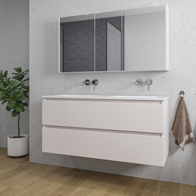 Saniclass Chaci Meuble de salle de bain - 120x46x55cm - lavabo en céramique blanc - 2 vasques - sans trous de robinet - 2 tiroirs - armoire miroir - mat cotton (beige)