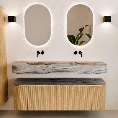 MONDIAZ THOR-DLUX 150cm meuble de salle de bains arrondi gauche + droite couleur Oak avec 1 tiroir et 2 portes. Vasque suspendue CLOUD Double sans trou de robinet couleur Sombra.