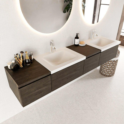 Mondiaz BUKLA badkamermeubelset 200x45x34cm 2 kraangaten 2 wasbakken solid surface Talc greeploos 4 lades met softclose Melamine Dark brown