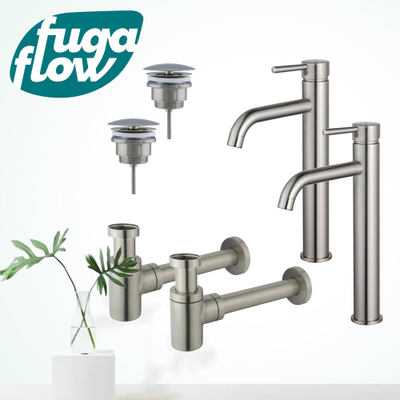 FugaFlow Eccelente Sobrado Badkamer Wastafelkraanset - voor dubbele wastafel - verhoogde wastafelkraan - always open plug - verlaagde design sifon - PVD Geborsteld RVS