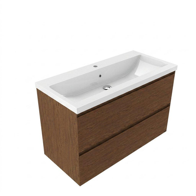 Saniclass Holz Pure Ensemble de meubles de salle de bains - 100x45x63.5cm - Lavabo en céramique Bari blanc - 1 vasque - 1 trou de robinetterie - 2 tiroirs - walnut pure mat (bois)