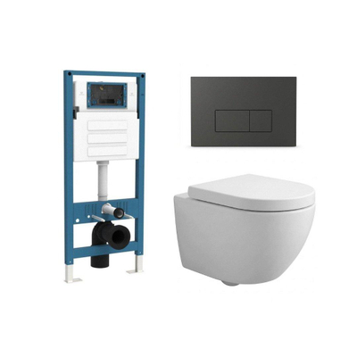QeramiQ Dely Swirl Compact Toiletset - inbouwreservoir QeramiQ flush - 25mm zitting - kunststof bedieningsplaat mat antraciet - rechthoekige knoppen - mat wit