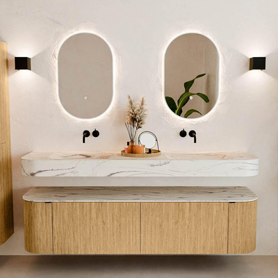 MONDIAZ THOR-DLUX 180cm meuble de salle de bains arrondi gauche + droite couleur Oak avec 2 tiroirs et 2 portes. Vasque suspendue CLOUD Double sans trou de robinet couleur Nata.