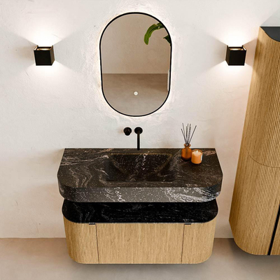 MONDIAZ THOR-DLUX 110cm badmeubel ronding links + rechts kleur Oak met 1 lade en 2 deuren. Vrijhangende wastafel CLOUD Midden zonder kraangat kleur Lava.