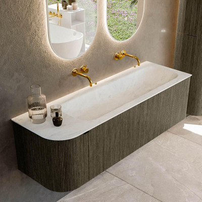 Mondiaz KURVE-DLUX Ensemble de meuble de salle de bains - 145x46x40cm - 1 tiroir - 1 porte - vasque solid surface - droite - sans trou de robinet - Shadow