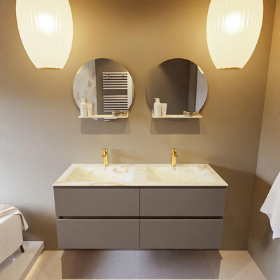 Mondiaz VICA-DLUX ensemble de meuble de salle de bain - 120cm - meuble sous-vasque fumée - 4 tiroirs - lavabo encastré nuage double - 2 trous de robinet - version haute 60cm - opalo