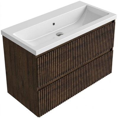 Saniclass Holz Atelier Ensemble de meubles de salle de bains - 100x45x63.5cm - lavabo en céramique Bari blanc - 1 vasque - sans trou de robinet - 2 tiroirs - chêne charcoal mat (bois)