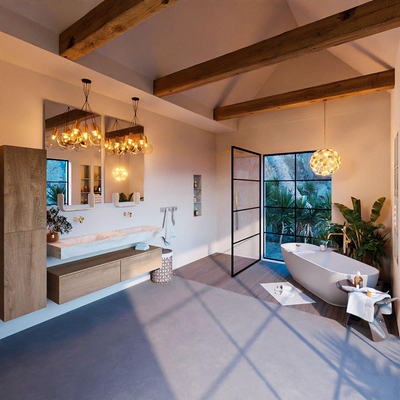 MONDIAZ ALAN - DLUX Ensemble meuble de salle de bains - 150cm - meuble bas - Chêne lavé - 2 tiroirs - lavabo suspendu - 2 vasques - 0 trous de robinet - Frappe