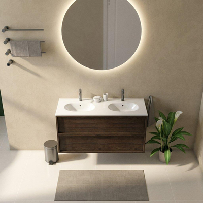 Saniclass Holz Frame Ensemble meuble de salle de bains - 120x45x74cm - lavabo Chaci en céramique blanc - 2 vasques - 2 trous de robinetterie - 2 tiroirs - chêne charcoal mat (bois)