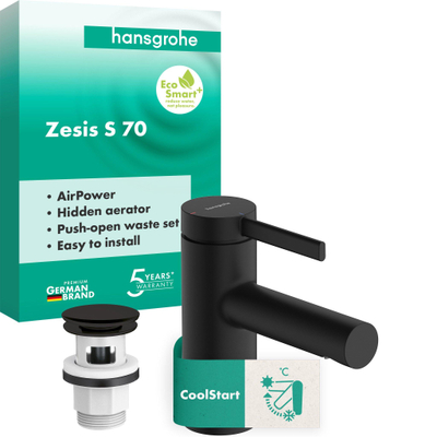 Hansgrohe Zesis S wastafelkraan - model 70 - coolstart - met klikwaste - mat zwart