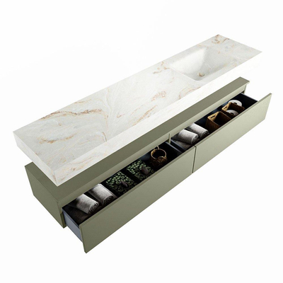 Mondiaz ALAN-DLUX Ensemble de meuble - 200cm - meuble Army mat - 2 tiroirs - Lavabo Cloud Frappe suspendu - vasque Droite - 1 trou de robinet