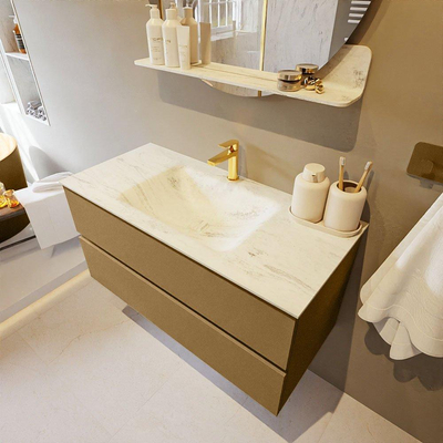 Mondiaz VICA-DLUX Ensemble de meuble de salle de bain - 100cm - meuble sous-vasque oro - 2 tiroirs - lavabo encastré cloud milieu - 1 trou de robinet - version haute de 60cm - opalo