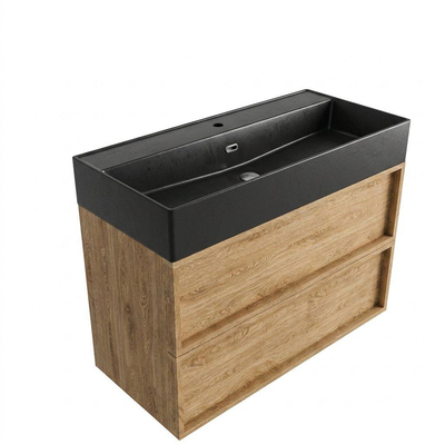 Saniclass Holz Frame Ensemble meuble de salle de bains - 100x45x72cm - lavabo Legend en céramique noir mat - 1 vasque - 1 trou de robinetterie - 2 tiroirs - chêne natural mat (bois)