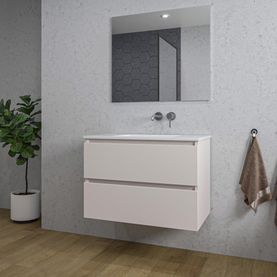 Saniclass Chaci Meuble de salle de bain - 80x46x55cm - lavabo en céramique blanc - 1 vasque - sans trous de robinet - 2 tiroirs - miroir rectangulaire - mat cotton (beige)