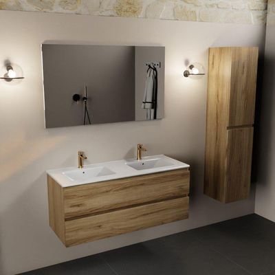 Mondiaz Aivy ensemble de meuble de salle de bain - 120x45x50cm - 2 trous de robinet - 2 vasques talc Céramique - Gauche et droite - 2 tiroirs - Avec miroir - Mélamine Chai
